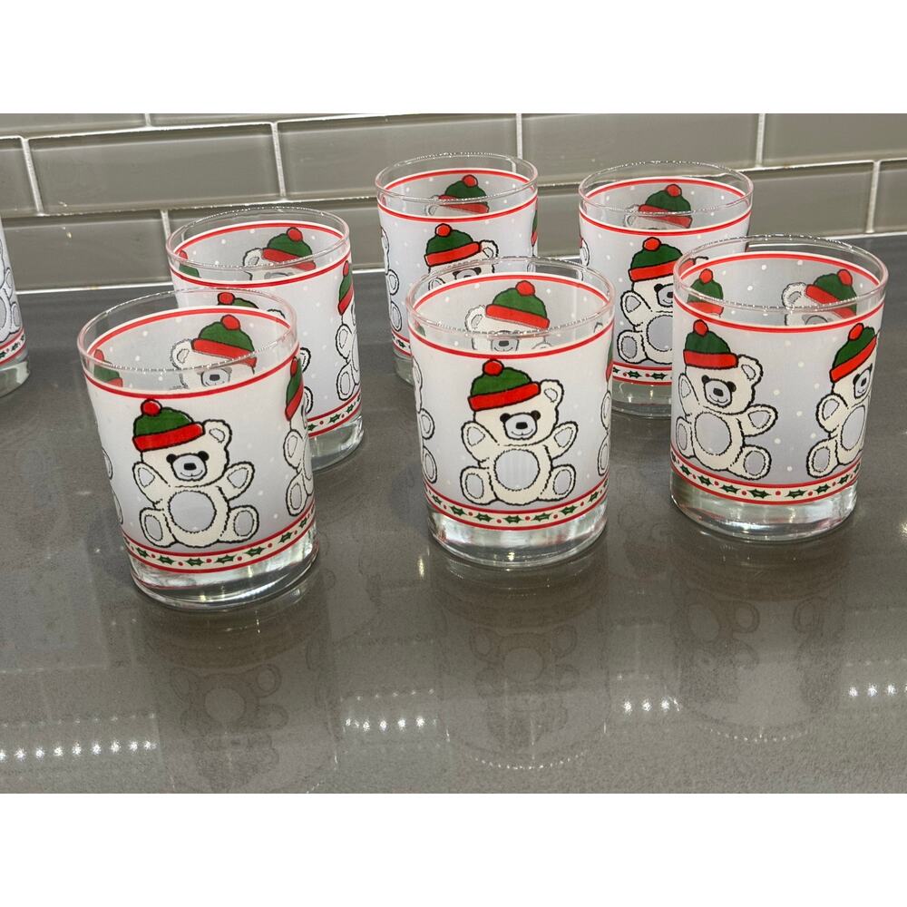 Set of 6 Libbey USA 8oz Frosted Teddy Bear Christmas Glasses-1970's Vintage